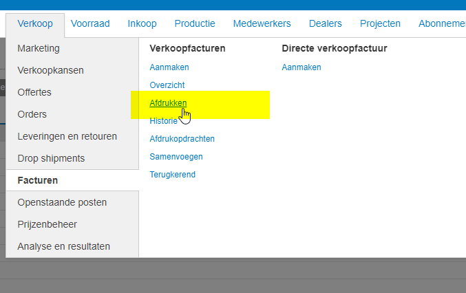 Het menu Afdrukken in Exact Online