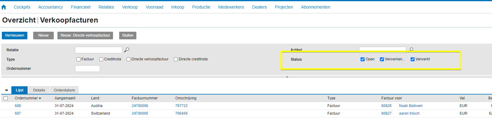 Het statusfilter in het factuuroverzicht van Exact Online