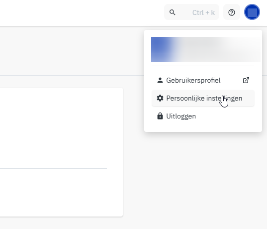 Het gebruikersmenu rechtsboven in Mirakl met de optie Persoonlijke instellingen
