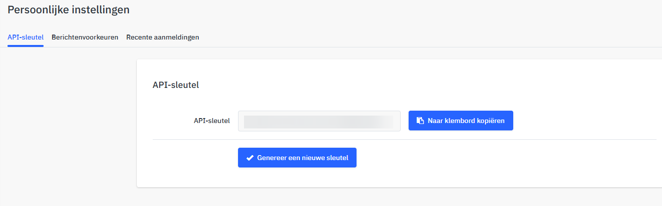 Het tabblad API-sleutel in de persoonlijke instellingen van Mirakl met de knoppen Naar klembord kopiëren en Genereer een nieuwe sleutel