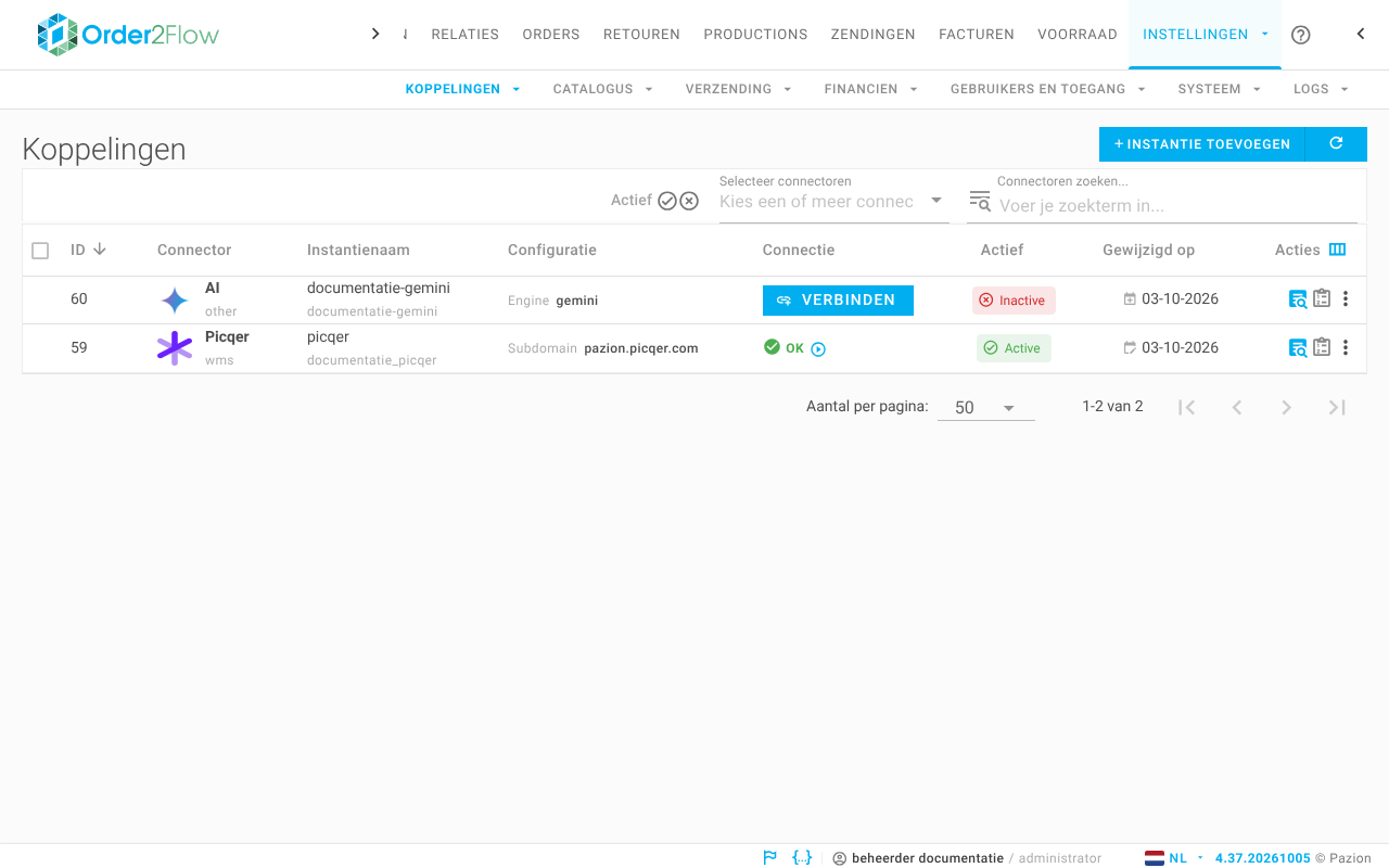 Het overzicht Koppelingen met per koppeling de connector, de instantienaam, de configuratie, de connectiestatus en of de koppeling actief is