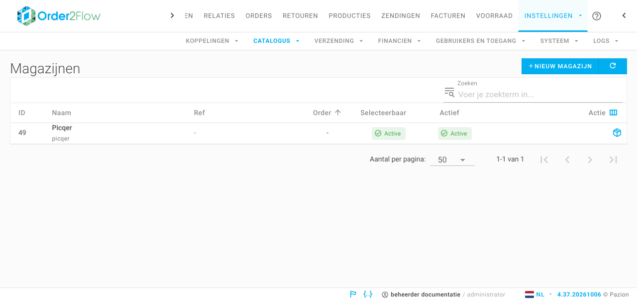 Het overzicht van magazijnen met de kolommen Naam, Ref, Order, Selecteerbaar en Actief