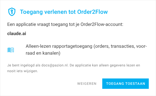 Het scherm Toegang verlenen tot Order2Flow met de knoppen Weigeren en Toegang toestaan