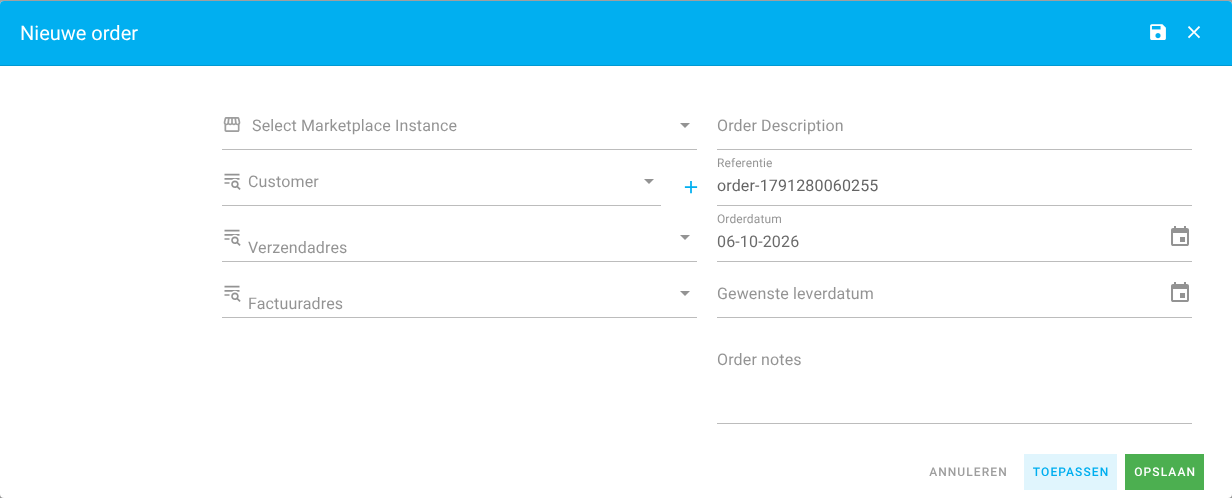 Het venster Nieuwe order met de velden voor klant, verzendadres, factuuradres, referentie en orderdatum