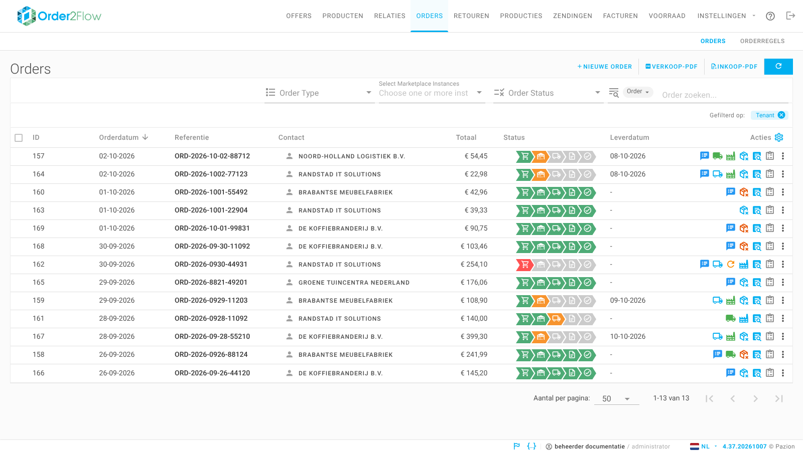 Het orderoverzicht met rechtsboven de knoppen, daaronder de filters en de zoekbalk en de lijst met orders met per order de status en de actie-iconen