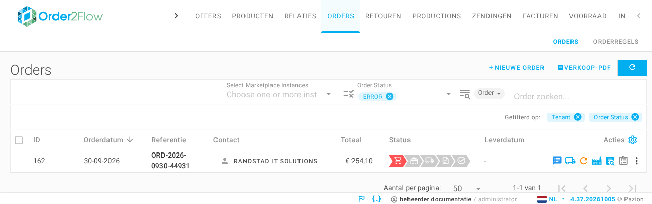 Het orderoverzicht gefilterd op status ERROR, met een order waarvan de eerste stap in de statusbalk rood is