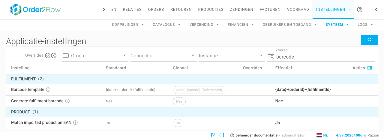 Het scherm Applicatie-instellingen, gefilterd op het woord barcode, met de instellingen Barcode template en Generate fulfilment barcode