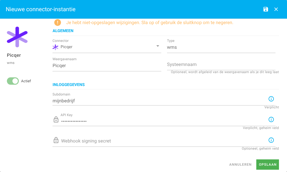 Het venster om een Picqer-koppeling toe te voegen met de velden Weergavenaam, Subdomain en API Key