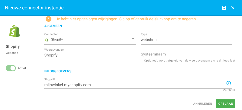 Het venster om een Shopify-koppeling toe te voegen met de velden Weergavenaam en Shop-URL