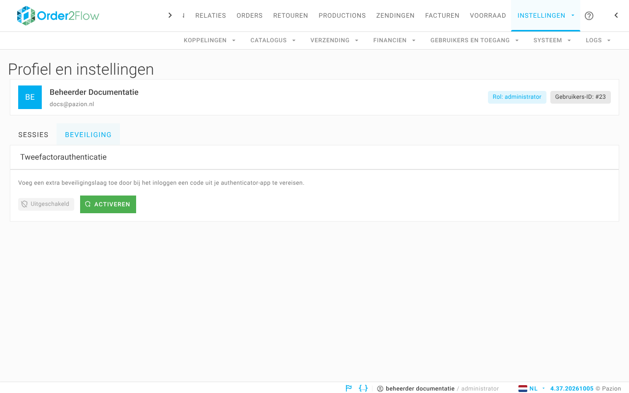 Het tabblad Beveiliging in het profiel met de knop Activeren bij Tweefactorauthenticatie