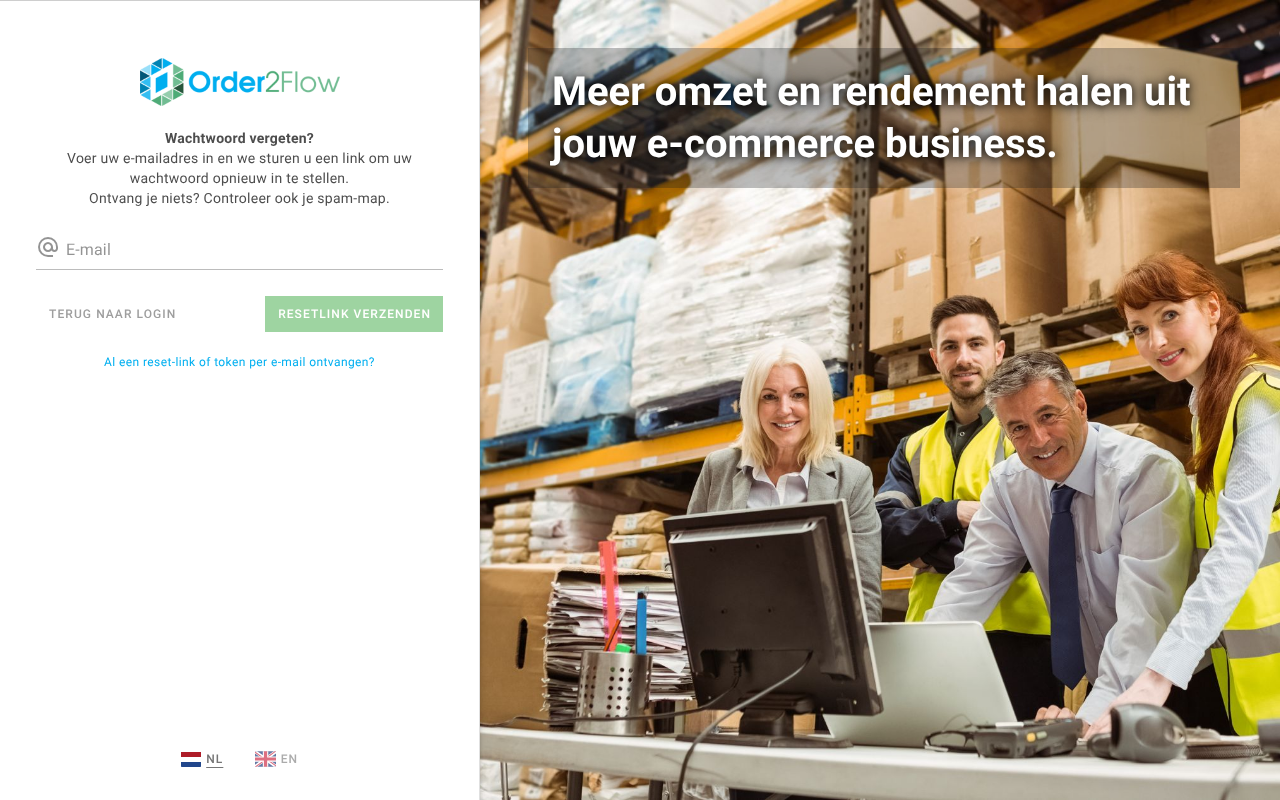 Het scherm Wachtwoord vergeten met het veld E-mail en de knop Resetlink verzenden